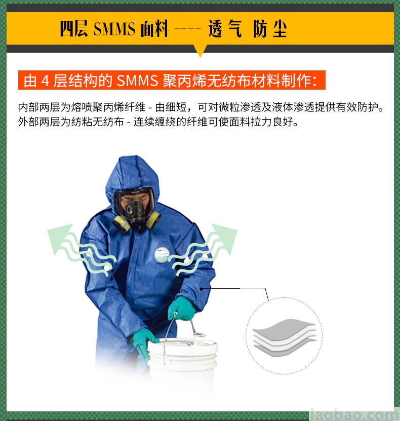 雷克蘭防化服連體防塵防顆粒物防液體飛濺化學防護服SMMS428BE